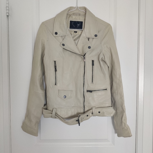 *Bod & Christensen Elegant Cream Leather Biker Jacket – Size L - Picture 2 of 12